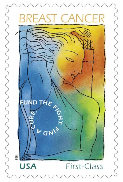 The Breast Cancer Research Stamp, a semi-postal illustrated by Whitney Sherman in 1998. Image via mica.edu